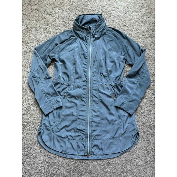 Athleta Drip Drop Full Zip Water Repellent Jacket with Hood Blue/Grey Small - Picture 3 of 14